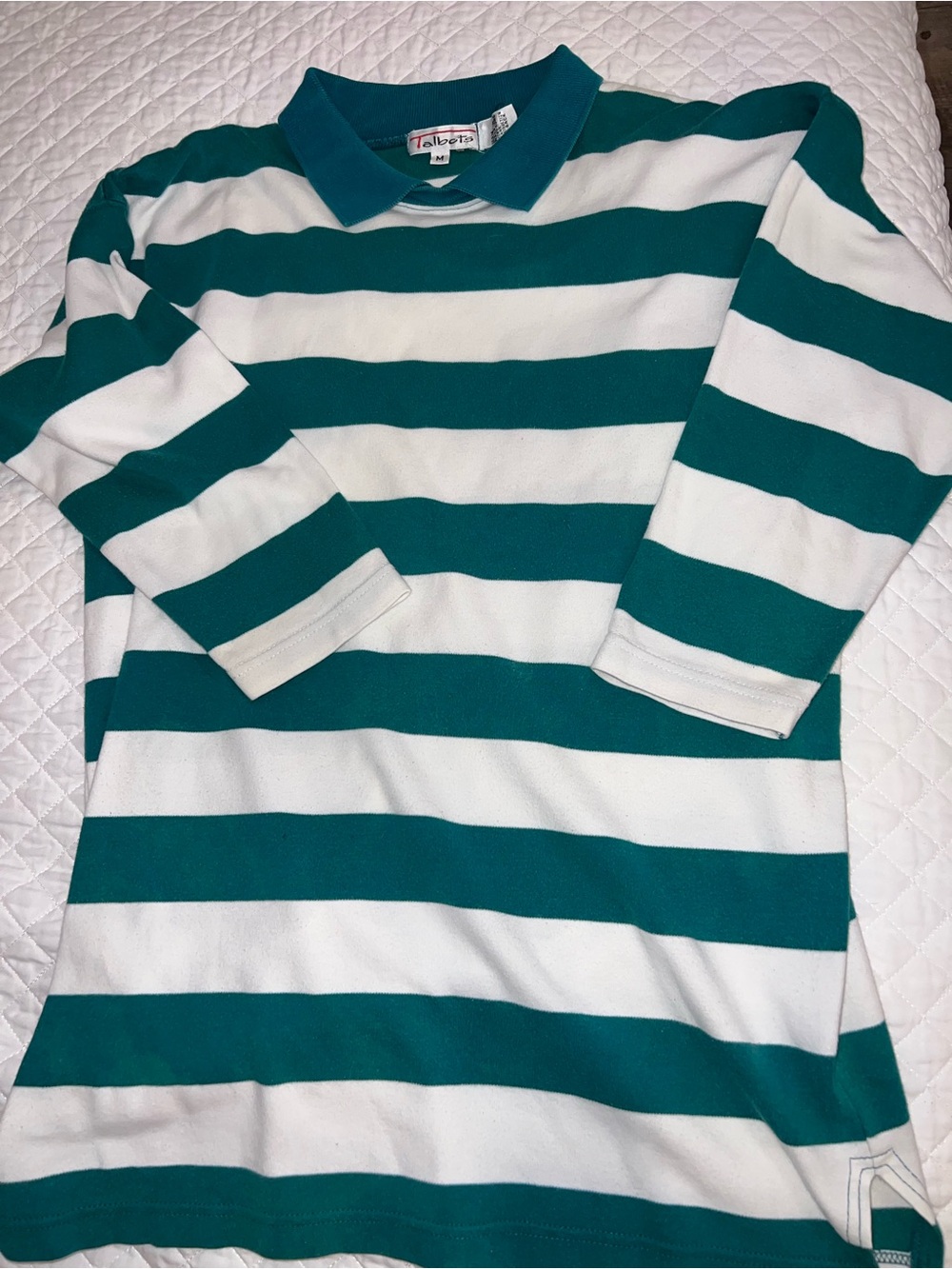 Talbots teal and white striped mid sleeve collared polo shirt in size M #preppy